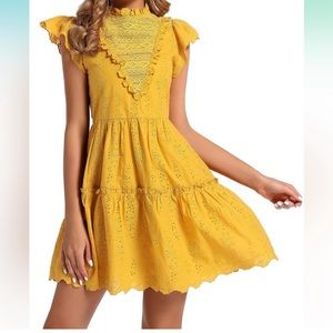 House of Harlow 1960 Tiered Eyelet High Neck Lace Flutter Sleeve Mini Dress